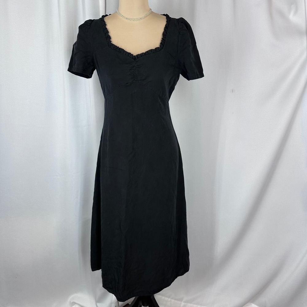 LOFT Black Midi Dress Size‎ 0 Ruffle Neck Ruched Bust Short Sleeve Feminine